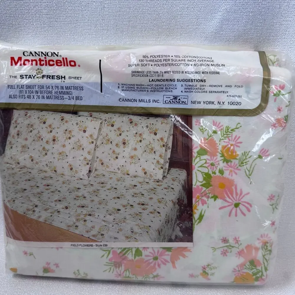 Vintage Cannon Monticello Floral Full Size Sheets Flat And Fitted Sheet 54 X 76